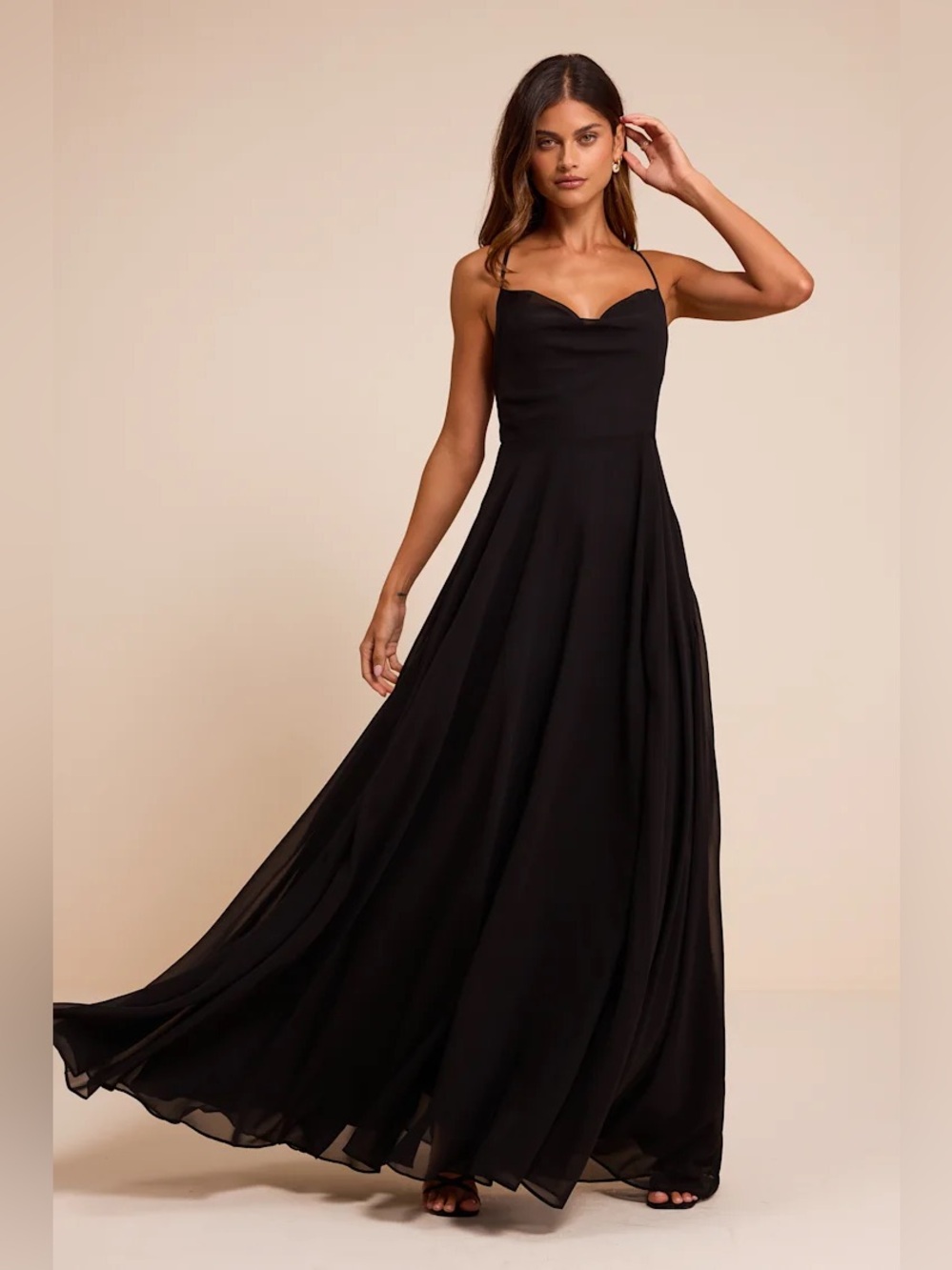 Lulus Romantically Speaking Black Cowl Lace-Up Maxi Dress